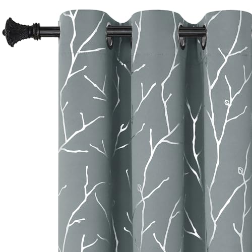 BUHUA Grey Kitchen Curtains, Foil Print Branches Thermal Insulated Energy Saving Window Drapes, Kids Blackout Curtains 2 Panels Set Small Short Curtains 38W x 45L, Light Grey