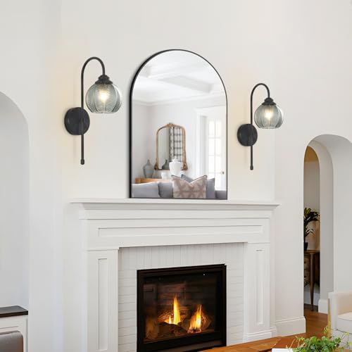 Image of KCO Lighting Modern Glass Globe Wall Sconce Smoke Gray Glass Vanity Light Long Black Wall Sconces Set of Two Industrial Mid Century Wall Sconce Bedroom Wall Lamps Hardwired