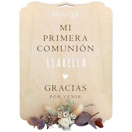 nagu Faixa personalizada de madeira 30 x 22 cm - Póster ou cartaz personalizado para comunhão com conjunto de letras e números adesivos - Faixa da minha primeira comunhão menina ou menino para mesa ou