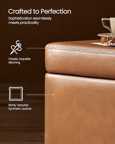 Image of VASAGLE EKHO Collection - Storage Ottoman Bench, Entryway Bedroom Bench, 25 Gallons, Synthetic Leather with Stitching, Mid-Century Modern, Safety Hinges, Loads 660 lb, Caramel Brown ULOM075K01