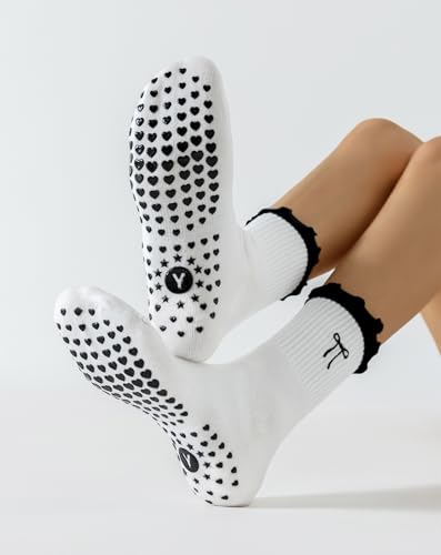 Image of Yawlsow Cute Pilates Grip Socks for Women Ruffle Frilly Yoga Socks Non Slip Cotton Crew Grippy Sock for Barre Workout