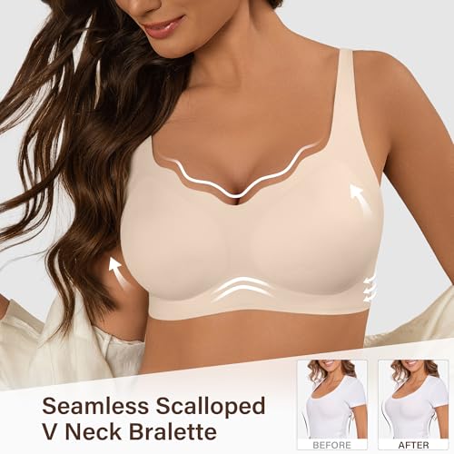 Image of Bras for Women No Underwire Seamless Wireless Scalloped V Neck Bralette