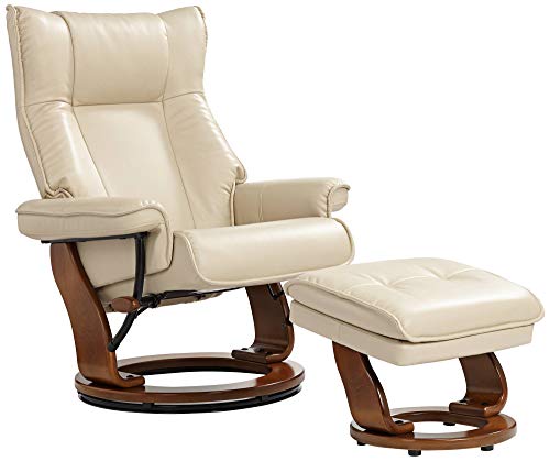 Benchmaster Morgan Stucco Swivel Faux Leather Recliner with Ottoman Chair Modern Armchair Ergonomic Push Manual Reclining Footrest Upholstered for Bedroom Living Room Reading Home Relax Office