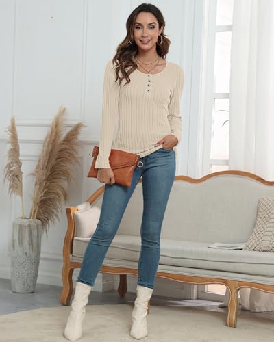 WNEEDU Camisas de Manga Larga Herbest Camisas Henley para Mujer Jersey Slim 2024 con Botones Albaricoque L