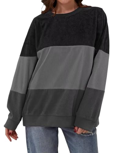 KISSMODA Women's Casual Long Sleeve Sweatshirt Color Block/Solid Crewneck Corduroy Pullover Cute Tops