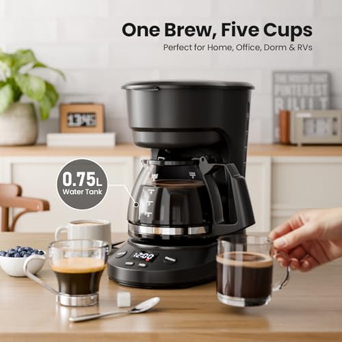 Image of Kismile 5-Cup Drip Coffee Machine with LED Display, Small Coffee Maker with Anti-Drip, Timer, Auto Shut-Off, Dry-Boil Protection, Removable Funnel, Compact, Ideal for Home & Office (Black)