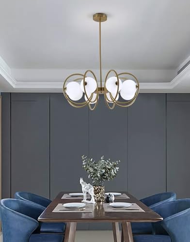 Image of WOKE Mid Century Modern 8 Light Chandelier Gold Plating Pendant Lighting Contemporary 8 Rings Glass Ball Hanging Ceiling Lamp Interior Bedroom Living Room Kitchen Decor Lighting Fixture
