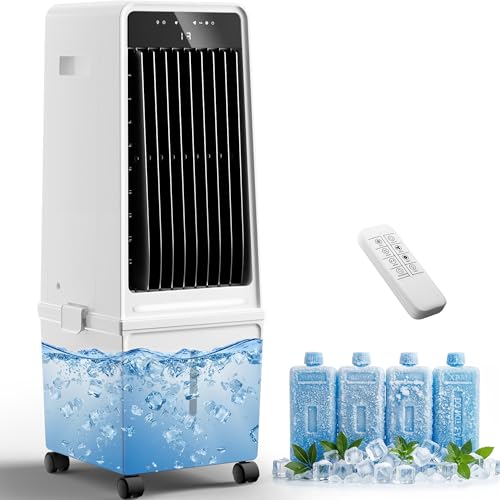 Image of Uthfy 1000CFM Swamp Cooler Air Conditioner, 22 inchEvaporative Air Cooler with 1 Gal Detachable Water Tank, 4 Ice Packs, 120Oscillation, 12H Timer, 3 IN 1 Portable Cooling Fan for Indoor, Pearl White