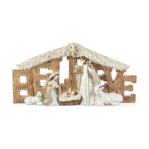 Image of Glitzhome Holy Family Nativity Scene Set Indoor 8 inch H, Gold Ivory Believe Manger Nativity Set for Christmas Decorations, Christian Religious Nativity Sets & Figures Xmas Home Mantel Fireplace