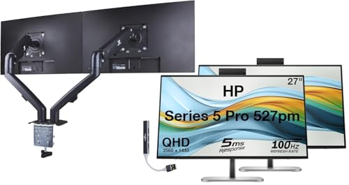 Image of HP Series 5 Pro 527pm 27 inch QHD IPS Monitor with 5ms Response Time, Anti Glare, Flicker Free, VESA Mount (100mm), Displayport, HDMI, (9E0Y9UT#ABA) 2 Pack w /DKZ Hub & ErgoFlexy Dual Mount Arms