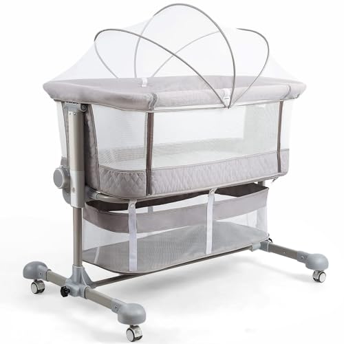 Image of Maydolly Baby Bassinets Bedside Sleeper, Bedside Crib 3 in 1 Adjustable Travel Baby Bed with Breathable Net and Mattress, Easy Folding Portable Bassinet for Newborn Infant (Grey)
