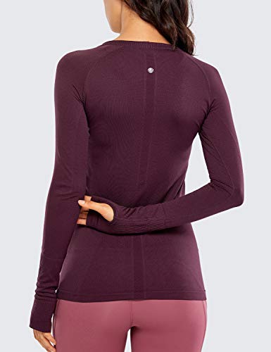 CRZ YOGA Women's Seamless Athletic Long Sleeves Sports Running Shirt Breathable Gym Workout Top Dark Red-Slim Fit Small
