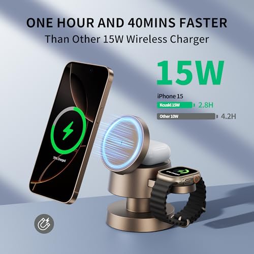 Image of 4 in 1 Magnetic Wireless Charging Station,15W Fast Charging with Adjustable Night Light,Magnetic Wireless Charging Station for iPhone 16 15 14 13 12 Pro Max & Apple Watch, AirPods 3 /2 /1 /Pro(Sand Gold)