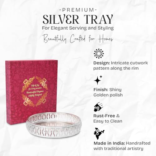 Image of Design Decor Gallery Round German Silver Plated Tray| Round Decorative Tray |Best Gift for Pooja|Diwali | Anniversary | House Warming | Birthday (Pack of 1) Size: 6x6 Inches,with Gift Box