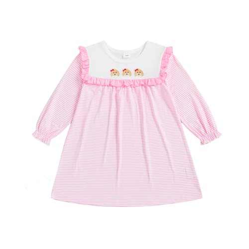 Girls' Dog Embroidery Mini Dress Long Sleeve Fall Striped A-Line Daily Toddler Dress Cute Casual Kids' Dress