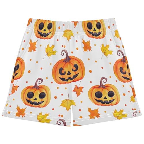 Girls Lounge Athletic Shorts Watercolor Pumpkins Leaves White Print Comfy Cute Summer Pajama Sleepwear, X-Small