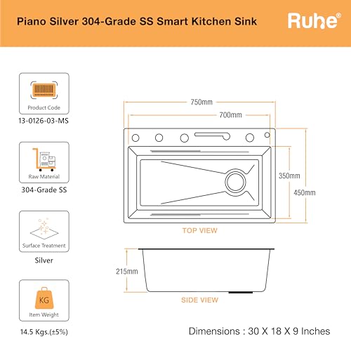 Image of Ruhe Piano Silver Smart Waterfall Kitchen Sink | 30x18x9 inches | Digital Display, Pull-Out Faucet & RO Tap | 304-Grade Stainless Steel Single Bowl Sink | Automatic Cup Washer | Multi-Functional Sink