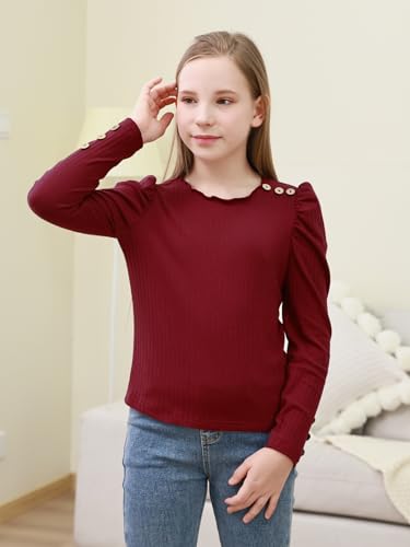 Image of GORLYA Girls Puffy Long Sleeve Casual Button Shirts Lettuce Trim Ribbed Knit Blouse Tee Tops 8-16Y