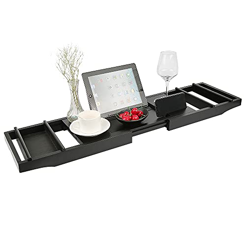 Plateau Baignoire, Étagère de Baignoire Extensible en Bambou, Bambou, Antidérapant, s'adapte à la Plupart des Tailles de Bain avec Support pour Bougie, Verre à vin, Livre, Tablette, iPad et téléphone