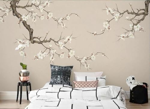 Fleurs de prunier blanches papier peint 3D intissé grand arbre