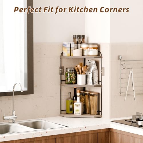 Image of Corner Bathroom Counter Organizer, 3-Tier Wood Countertop Organizer for Perfume, Makeup Storage, Skincare Organizers for Vanity, Counter Corner Shelf for Kitchen, Bathroom, Dresser (Grey)