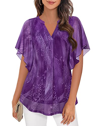 Image of Timeson Women's Short Sleeve V Neck Blouses Shirts Floral Double Layers Mesh Tunics Tops