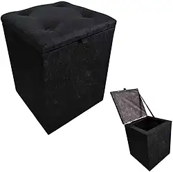 Puff Baú Decorativo em Suede, Preto, com Compartimento de Armazenamento