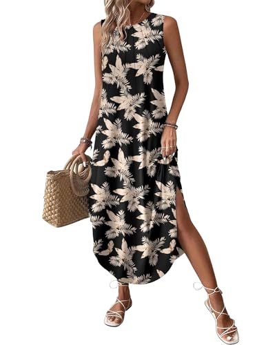 Image of Zeagoo Women Floral Summer Casual Beach Printed Tank Dress with Pockets Pleated Front Long Dress