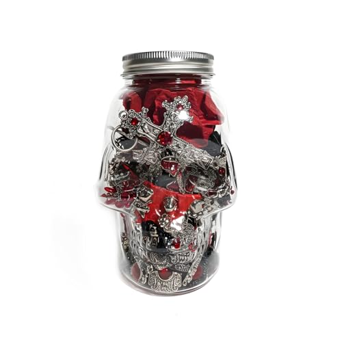 Jollyhit Gothic Red & Black Vampire Mystery Jewelry Jar – 30PCS Costume Rings, Necklaces & Earrings in Plastic Skull Jar, Christmas Vampire Gift for Women, Birthday & Party Favor, Gothic Jewelry Set, Christmas unique girlfriends gift for women
