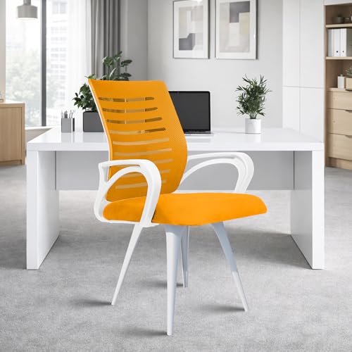 Image of ROSE Elite | 3 Years Brand Warranty | Ergonomic Office Chair, Study, WFH, Revolving, Rolling, Desk, Task, Laptop, Student Chair (White & Orange, Elite MB Reception)