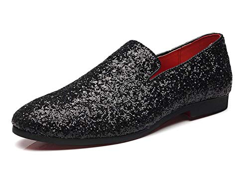 Mens Smoking Slipper Metallic Sparkling Glitter Tuxedo Slip on Dress Shoes Loafers Shoes (8.5 D(M) US, Black)