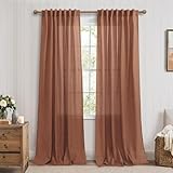 Terracotta Linen Textured Curtains 84 Inches Long, Back Tab/Rod Pocket Light Filtering Boho Bohemian Decor Rust Semi Sheer Curtains 84 Inch Length Set 2 Panels for Living Room Bedroom, Burnt Orange