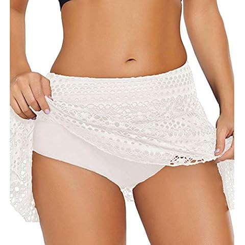 LroHan Tankini Swimswear Bottom Women's High Waist Hollow Out Lace Plain Swimming Short Plus Size White Cover
