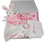 Personalized Newborn Baby Gift Sets, Customized Essential Stuff for Newborn Girl, Custom Embroidered Baby Blanket Onesie Hat Beanie Pacifier Clip Security Blanket with Name