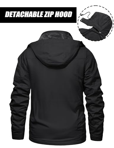MAGCOMSEN Parka Herren Winterjacke Winddichte Gefüttert Winter Warme Fleece Cargo Jacke Stehkragen Übergangsjacke mit Abnehmbarer Kapuze Schwarz S