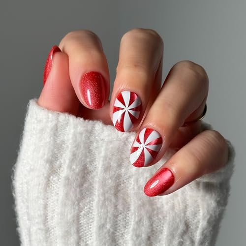 Glamnetic Press On Nails - Short Oval, Velvet Fake Nails 30 Pc Full Kit | Holiday-ready Red press on nails in 15 sizes. Swirl-design glue-on set. Waterproof, chip-resistant, up to 2 weeks wear