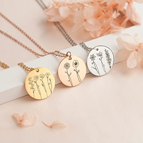 Anavia Multiple Birthday Month Flowers Necklace Connection of Family and Friends, Personalized Engraved Floral Coin Necklace, Customized Birthday Jewelry Gift for Mother New Mom2