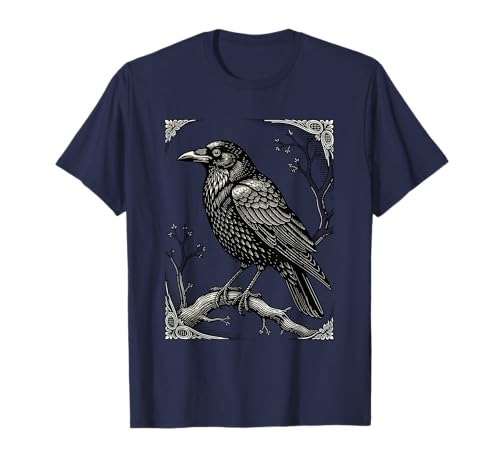 Un corvo sorprendente attira l'attenzione, la sua elegante forma nera cin contrasto audace. Arroccato su un ramo contorto, trasuda intelligenza e dignità silenziosa, evocando il mistero e l'eleganza delle classiche illustrazioni naturali.