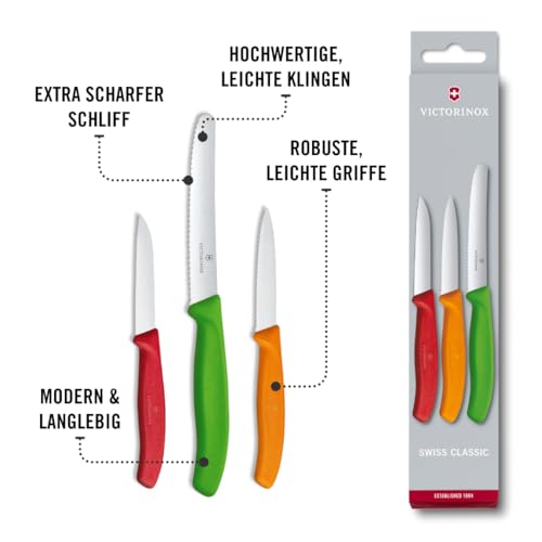 Foto von Victorinox Swiss Classic, Küchenmesser Set, 3teilig, Gemüse-, Tomaten- und Frühstücksmesser, Robuster Kunststoffgriff, Rostfreier Stahl, Farbig