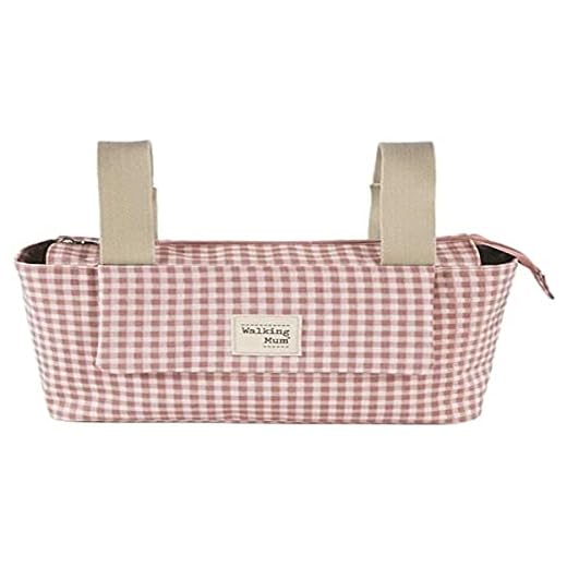 Walking Mum. Bolso organizador I Love Vichy. Bolsa de maternidad para silla de paseo. Asas cortas para fijar al carro. Color Rosa. Medidas 31X17X12 cm.