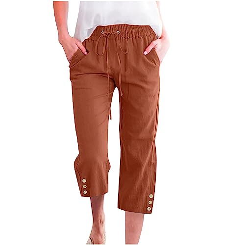 Cotton Linen Capri Pants for Women Casual Summer Elastic Waist Lounge Capris Loose Comfy Lightweight Cropped Trousers