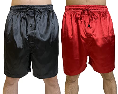 Men Silky Satin Boxers Shorts Pajama Shorts Button Fly Loose Underwear Drawstring Sleepwear Boxers with 2 Side Pockets