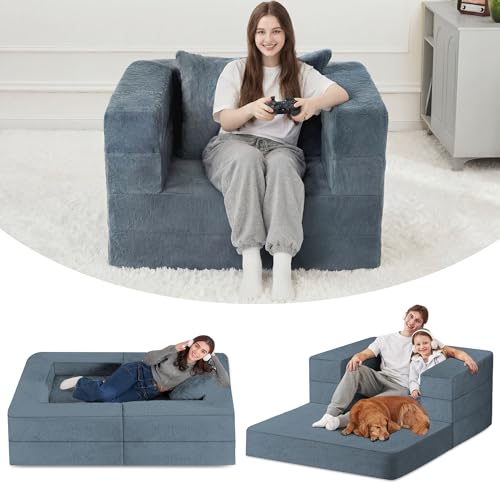 La Mejor Recopilación de Sillon Cama Individual más recomendados. 49 Cansunna - Sillón tipo puf plegable para adultos, sofá puf 3 en 1 de piel sintética, sofá cama grande convertible con almohada para recámara, sala de estar y apartamento...