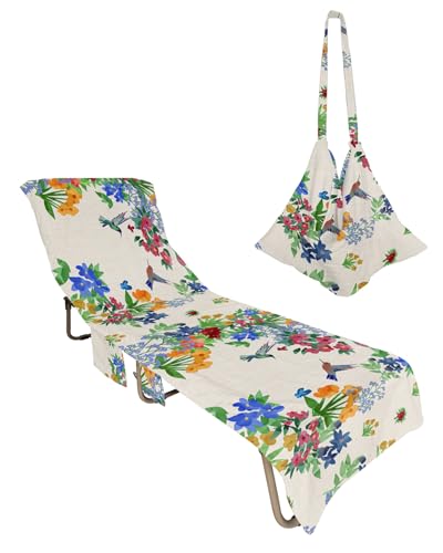Farmhouse Plants Beach Chair Towel Covers for Chaise Lounge with Side Pocket, Soft Plush Pool Towels Cover for Patio Sunbathing Outdoor 29''x85'' Botanical Blooms Flower Leaves