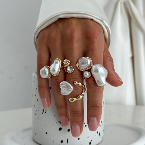 Ensemble bagues ouvertes empilables dorées avec perle vintage - 3