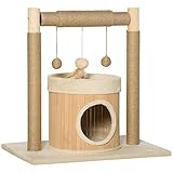 Pawhut Katzenhaus Katzenhöhle mit Zubehör Katzenhütte Katzenbett Ball- und Federspielzeug Indoor Spanplatte Plüsch Grau 60 x 40 x 60 cm