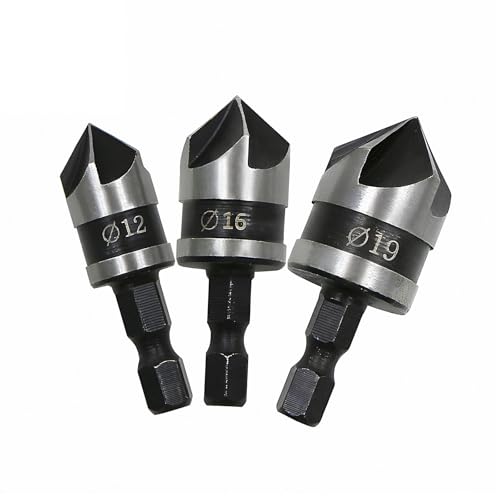 Foyscr 3 Pcs 1/4 Inch Hex Shank Countersink Drill Bit Set, 5 Flute 90 Degree Chamfering Counter Sinker, Wood Drill Bits 12mm 16mm 19mm