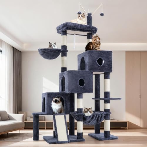 Hey-brother Cat Tree Tower, Scratching Posts with 3 Condos, Large Basket, Cozy Bed, Sisal Board, Step-by-Step Climbing Pathway and Toys, 74.8 inches Furniture for Big Indoor Cats, Smoky Gray MPJ081G