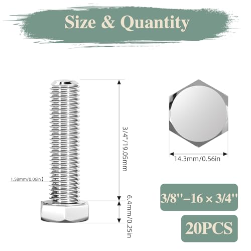 Image of 3 /8 inch-16 x 3 /4 inch Hex Head Screw Bolt, 20Pcs Stainless Steel 304 (18-8), Fully Threaded Bolts, Plain Finish