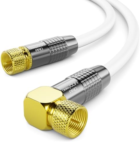 deleyCON 10m SAT Antennenkabel Koaxialkabel 90° F-Stecker 4K - Weiß | Satellitenkabel, HDTV Full HD, F-Stecker 90° gewinkelt zu F-Stecker gerade